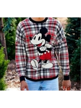 Disney Spirit Jersey Unisex S Red Black Plaid Mickey Mouse Knit Sweater